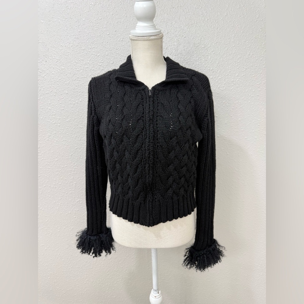 Y2K Italian Cable Knit Sweater Jacket Tibet Lamb Fur Cuffs Cropped Zip Black M - Picture 2 of 8